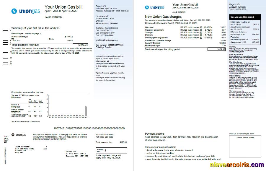 Canada Union Gas utility bill, 2 pages, version 2